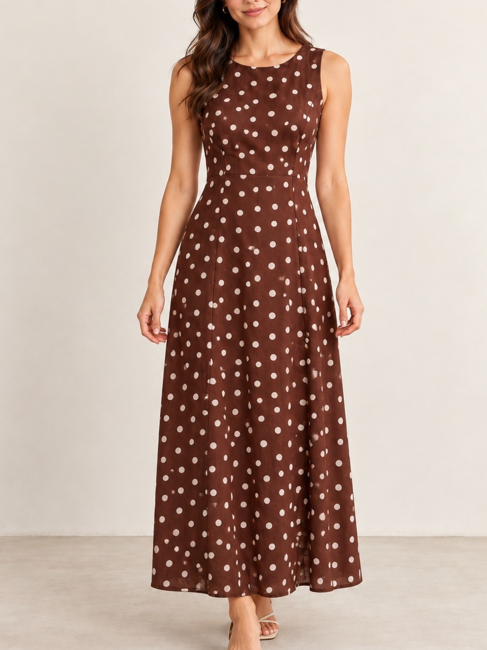 MINKPINK Brown Polka Dot Sleeveless Midi Dress Tie Back